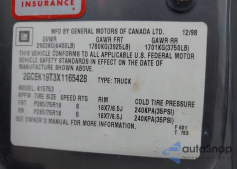 1999 Chevrolet Silverado 1500 Lt z USA, uszkodzony, nr VIN 2GCEK19T3X1165428